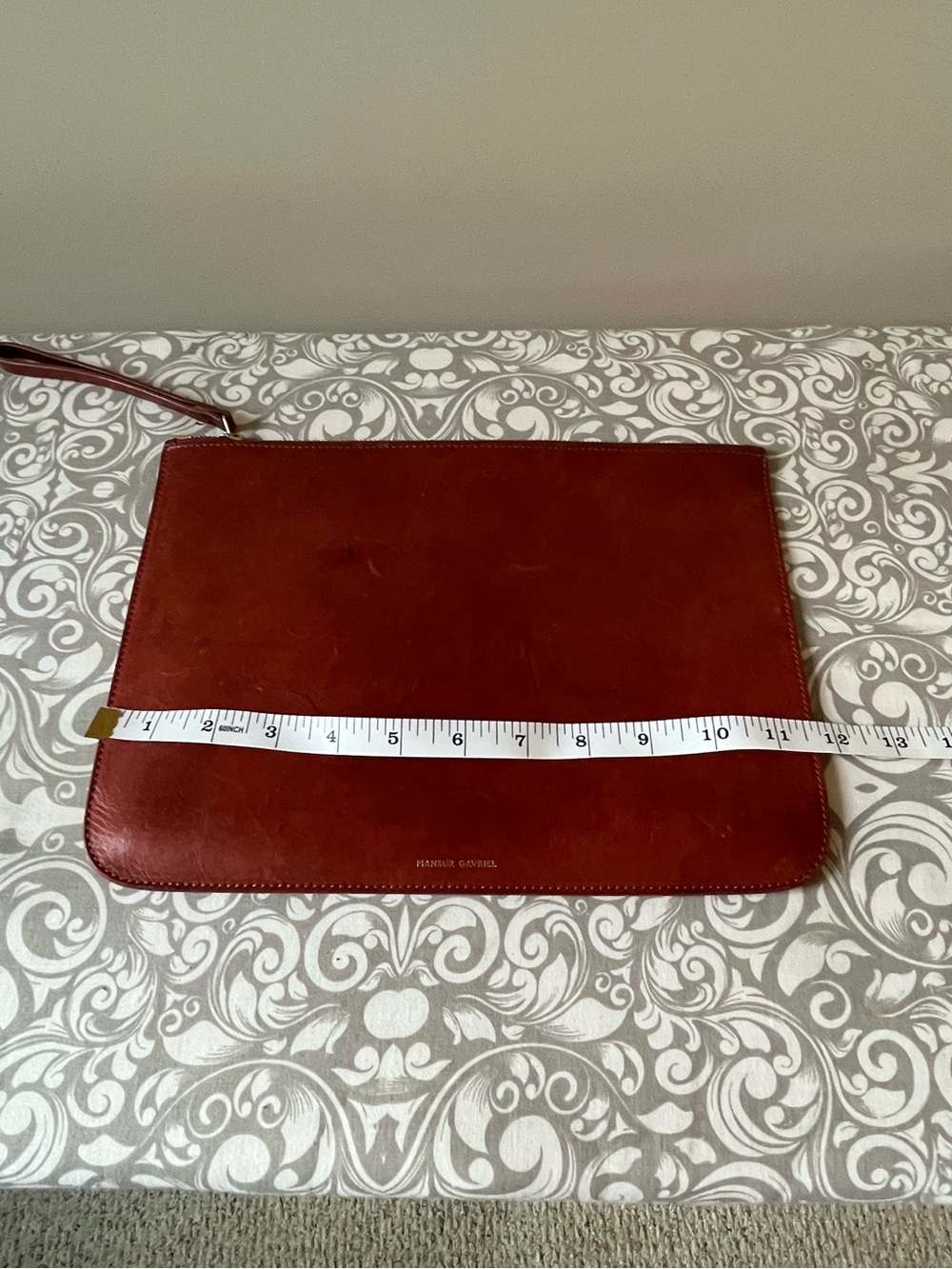Mansur Gavriel Tan Clutch with Grey Interior and Gold Colored Logo